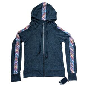 NWT Michael Lauren Full Zip Tribal Hoodie Pockets Thumbholes Grey Aztec XS